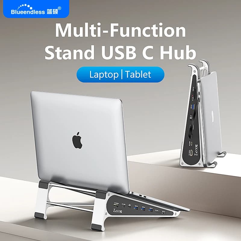 Supporto per Laptop in Alluminio Blueendless con Lettore di Schede SD/TF 4K 60Hz HD, USB 3.0 5Gbps, Caricatore PD 100W, Hub Type-C, Docking Station