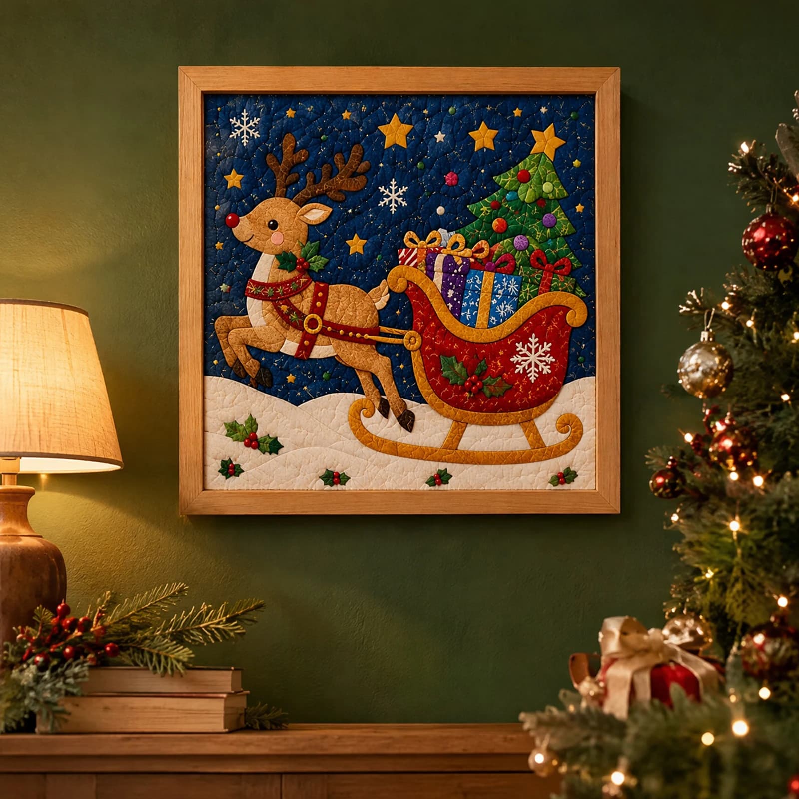 DIY Christmas Fabric Poke Art Decorations Kit for Adults & Beginner No-Sew, A1：7.87IN Mosaic Wall Art Craft with Frame and Tools