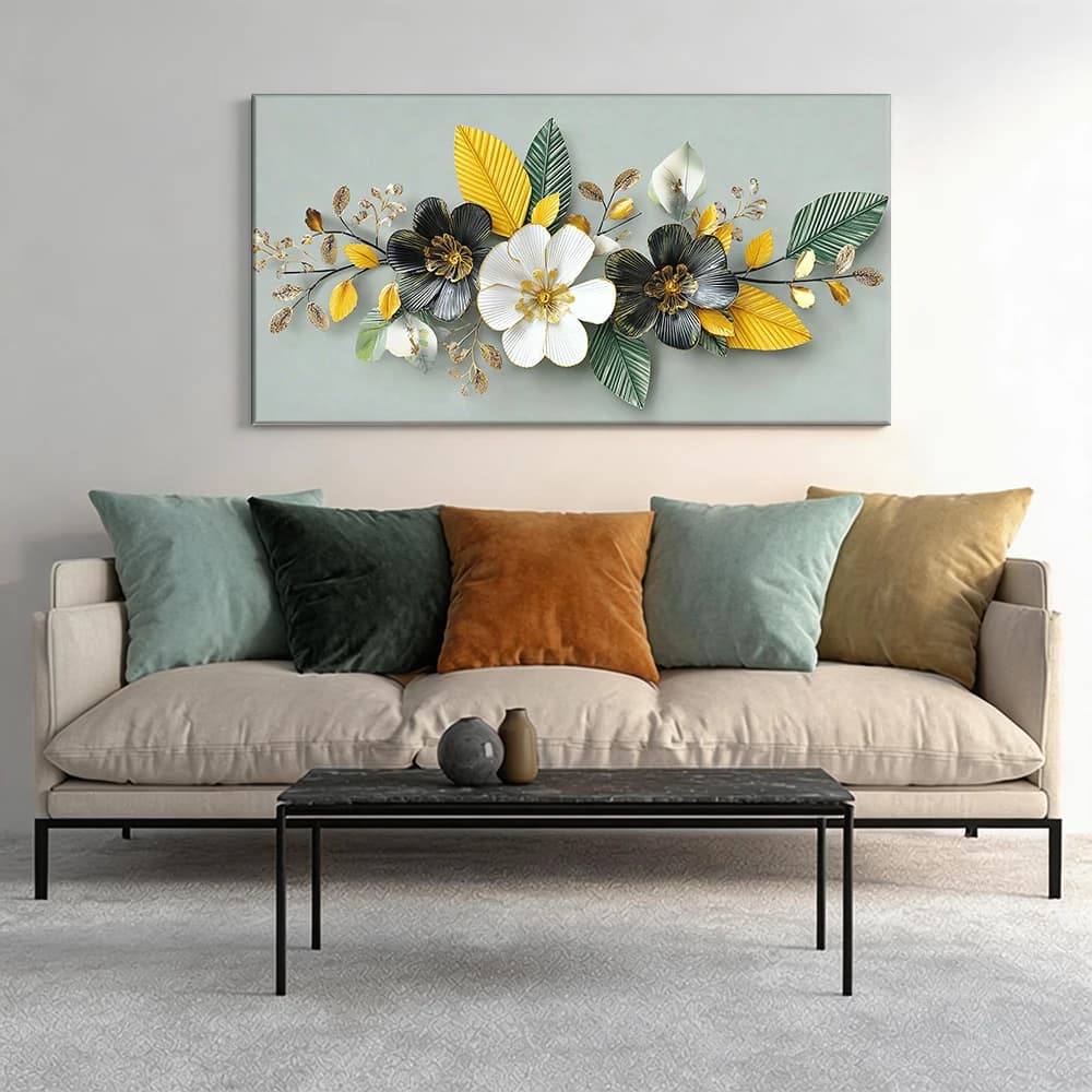 Painted on canvas with large wooden frame, 1 piece, metal wall decoration, floral design.