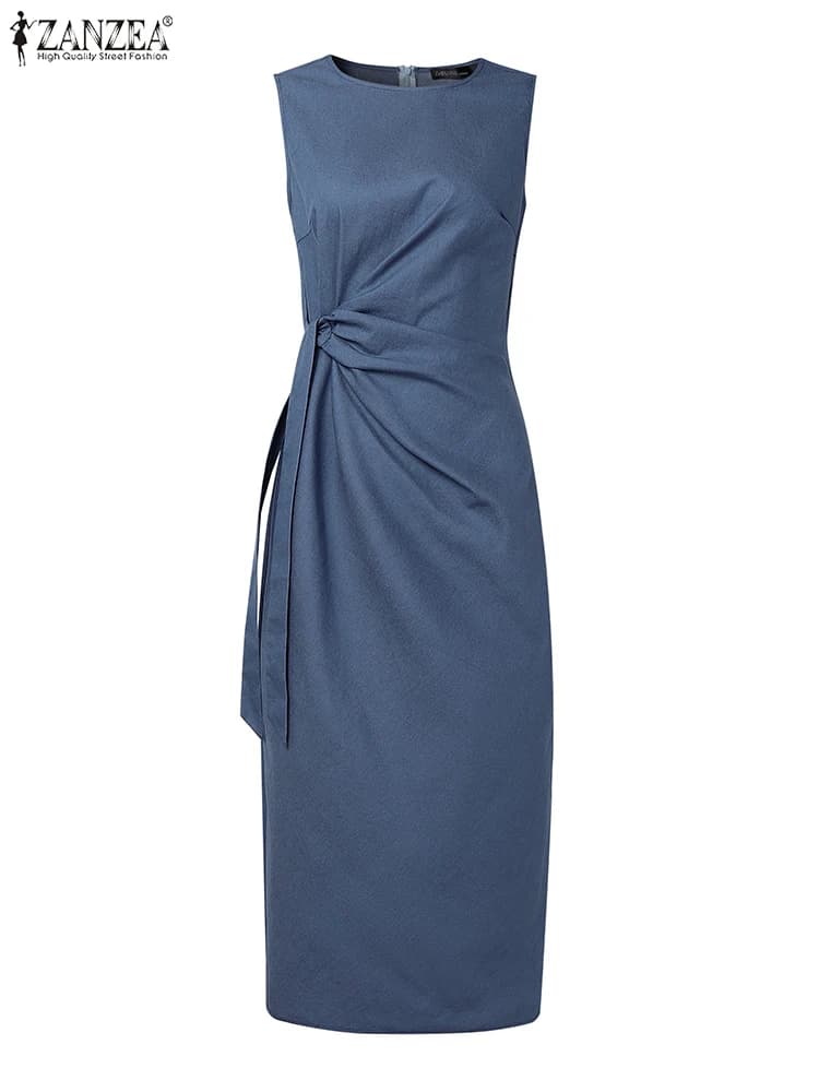 2025 ZANZEA Fashion Pencil Dresses Women Elegant OL Work Dress Summer Sleeveless Slim Fit Party Vestido Robe Femme Back Split