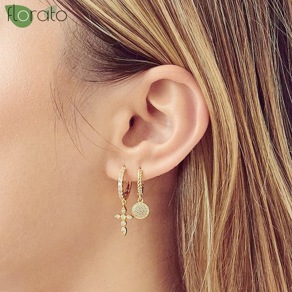 925 Sterling Silver Needle Vintage Cross Gold Earrings Fashion Crystal Hoop Earrings for Women Wedding Luxury Jewelry Gifts