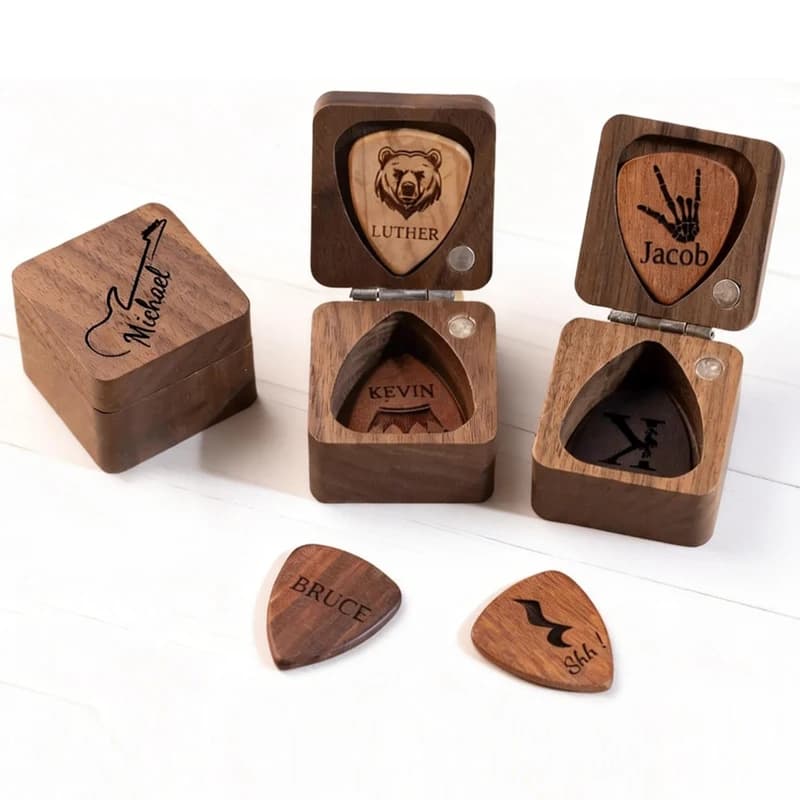 Plettri per Chitarra Personalizzati, Plettro in Legno e Scatola per Plettri, Plettro Personalizzato come Regalo per Chitarristi, Regalo di Compleanno Unico