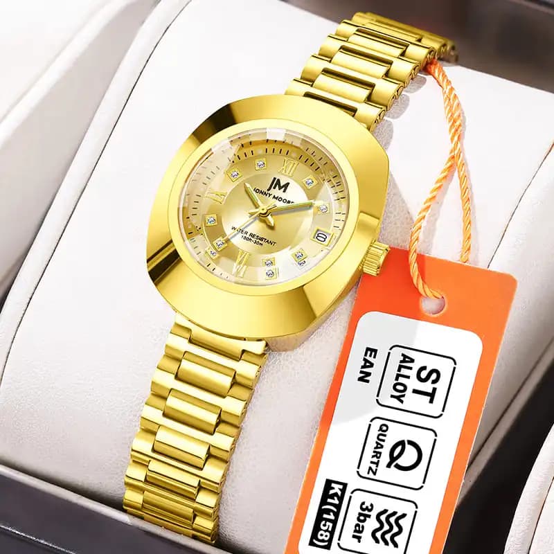 JONNY MOORE 8561 Orologio al quarzo in oro da donna alla moda con design automatico della data Squisiti orologi con cintura in acciaio per donna Reloj Mujer