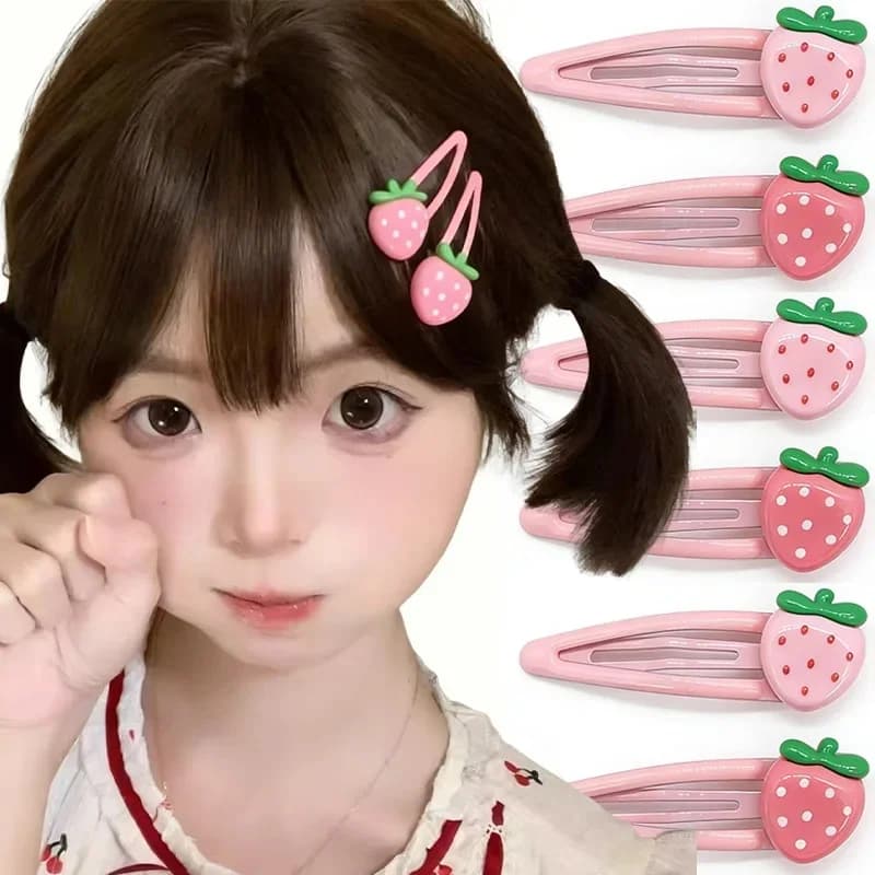 4Pcs / 6Pcs Cute Strawberry Hair Clip For Girls Sweet Pink Snap Bobby Pin Side Bangs Barrette Y2K Accessories Toddlers Kids Gift