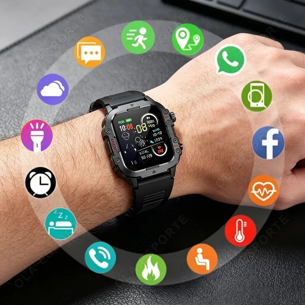 2026 Rugged Military Smart Watch Men's Outdoor Watch LED Flashlight 1.44'' HD Touch Screen Voice Bluetooth Call Smartwatch HW12
