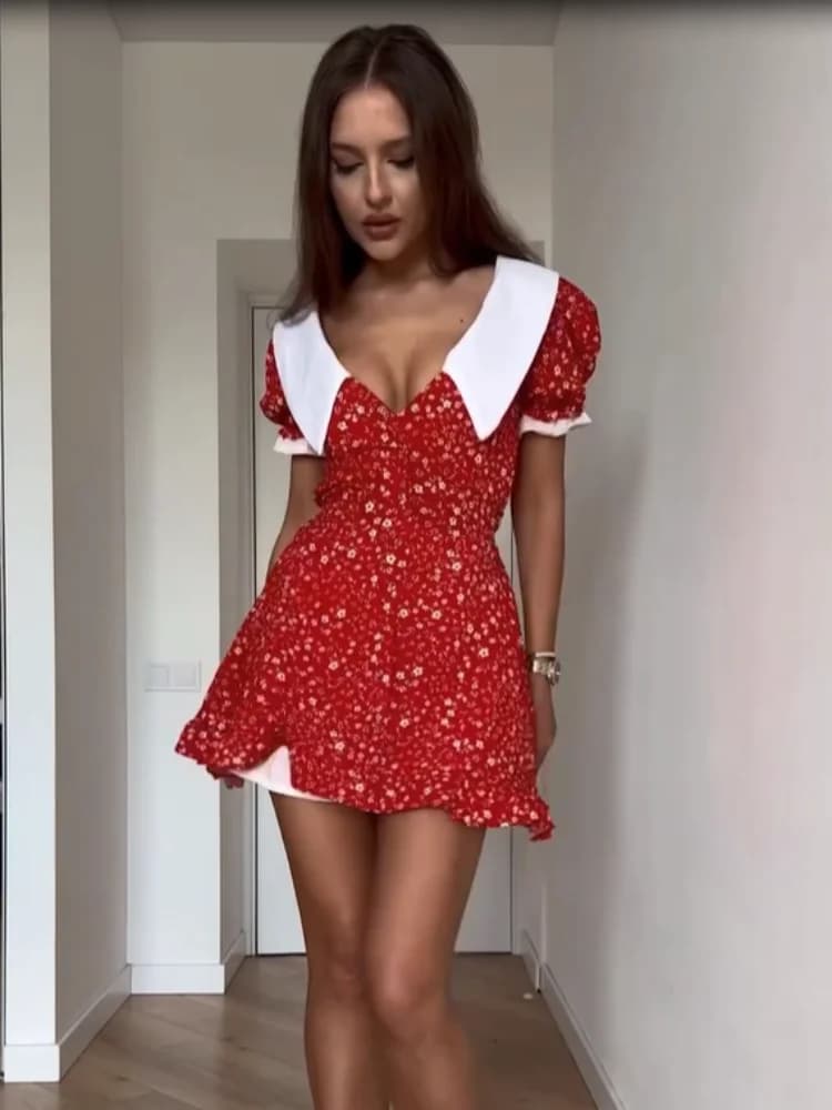 Abito Mini da Donna con Stampa Floreale Rossa, Colletto Peter Pan, Maniche a Sbuffo, Scollo a V, Bottoni, Linea ad A, per Weekend e Vacanze 2026