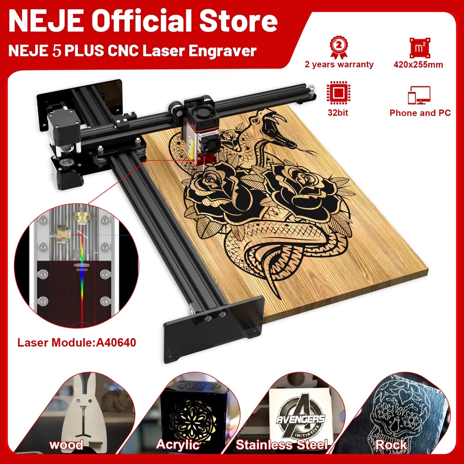 NEJE 5 Plus Macchina da taglio per incisione laser Taglierina laser Router CNC Incisore laser Metallo Controllo wireless Bluetooth Lavoro offline