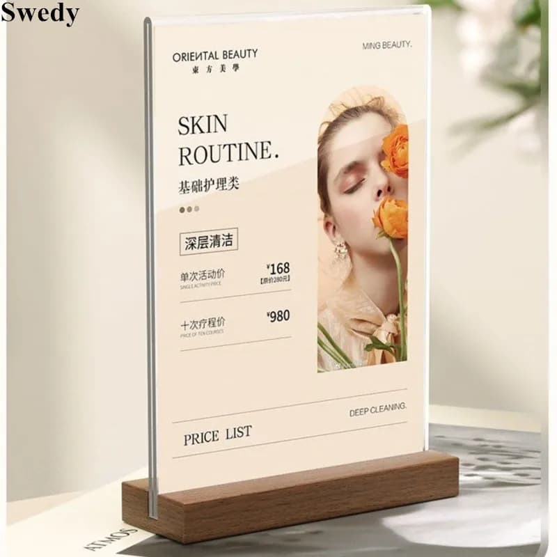Set of 4 Acrylic Door Folders with Wood Base A5 148x210mm, Table Display for Menu, Flyers, Prices, Photos, Posters