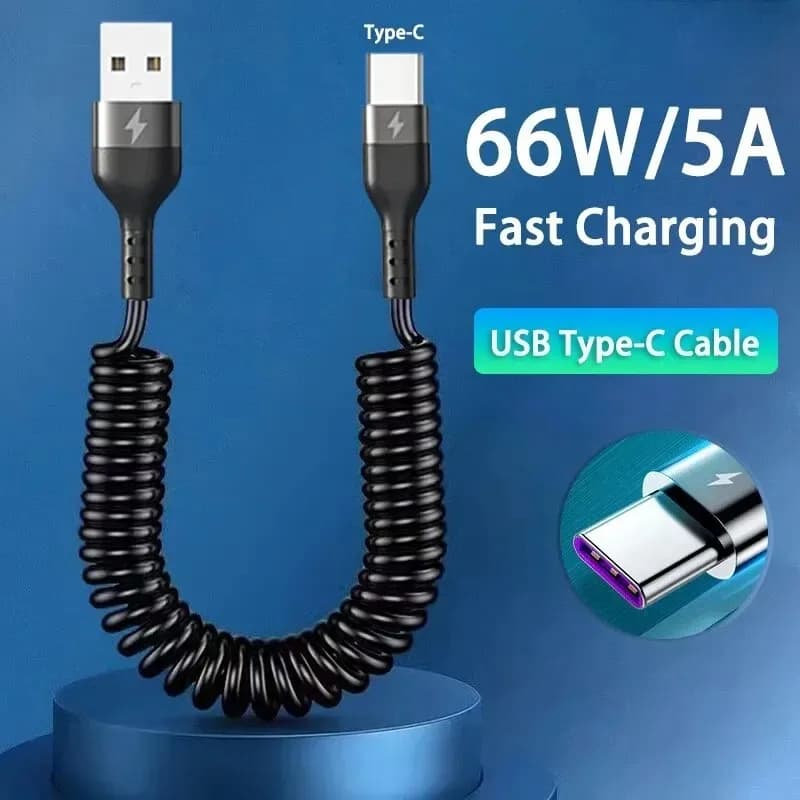 Cavo dati a molla da USB a tipo C da 1 m/1,5 m 66 W 5A per ricarica flash da viaggio domestica Cavo di ricarica retrattile di tipo C in auto