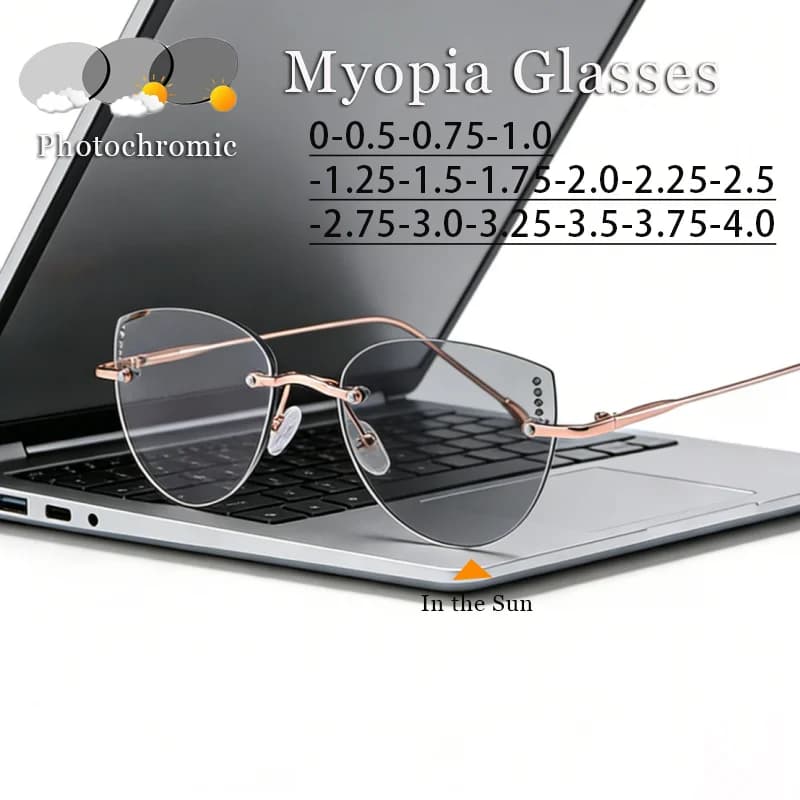 Ultralight Women's Frameless Photochromic Myopia Glasses Fashion Cat-Eye Anti-blue Light Eyewear Unisex Minus Diopter Eyewear