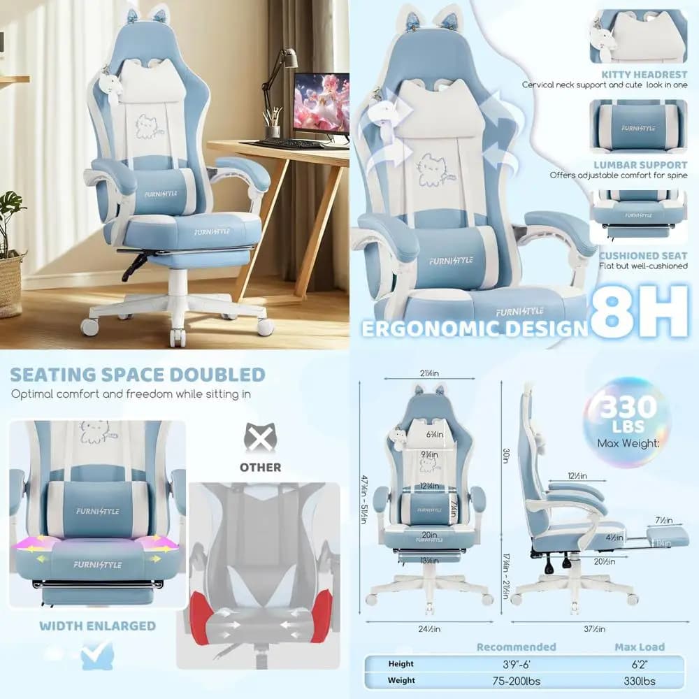 Sedia da gioco ergonomica per adulti con cuscino a molle insacchettate, supporto lombare per massaggi e poggiatesta per videogiochi confortevoli