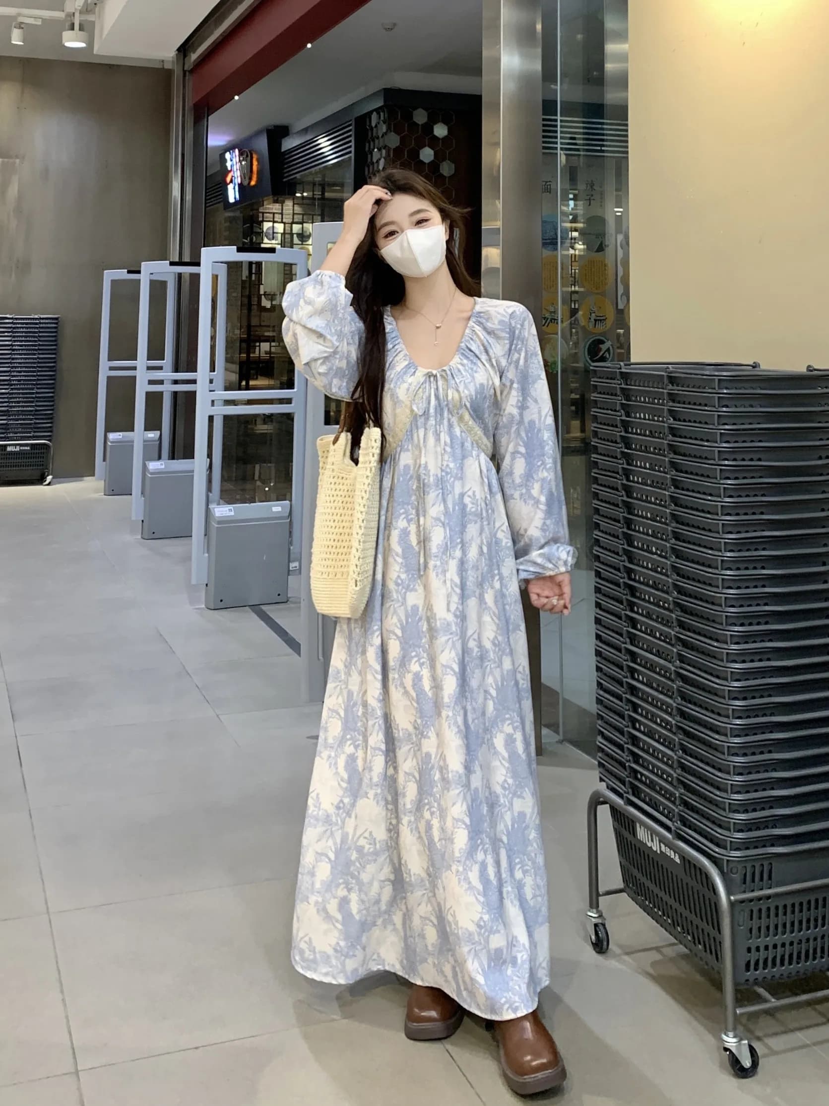 plus Size Floral Print V-Neck Long Sleeve Dress Women's Autumn New Style Slimming A-Line Skirt French Style Loose Fit Dress