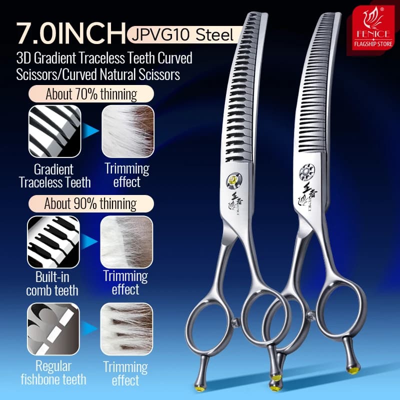 Fenice VG10 acciaio 7.0 pollici denti senza tracce toelettatura del cane curvo Chunker/forbici naturali doppia coda Nail Pet cesoie 70%/90% Thi