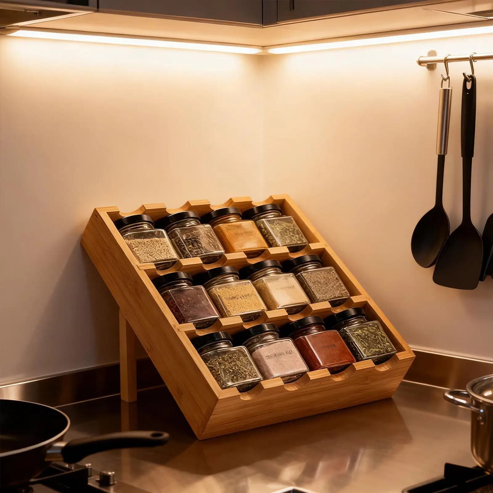 Multi Layer Kitchen Organizer Bamboo Spice Rack Shelf for Cabinet Countertop and Bathroom Storage Solution