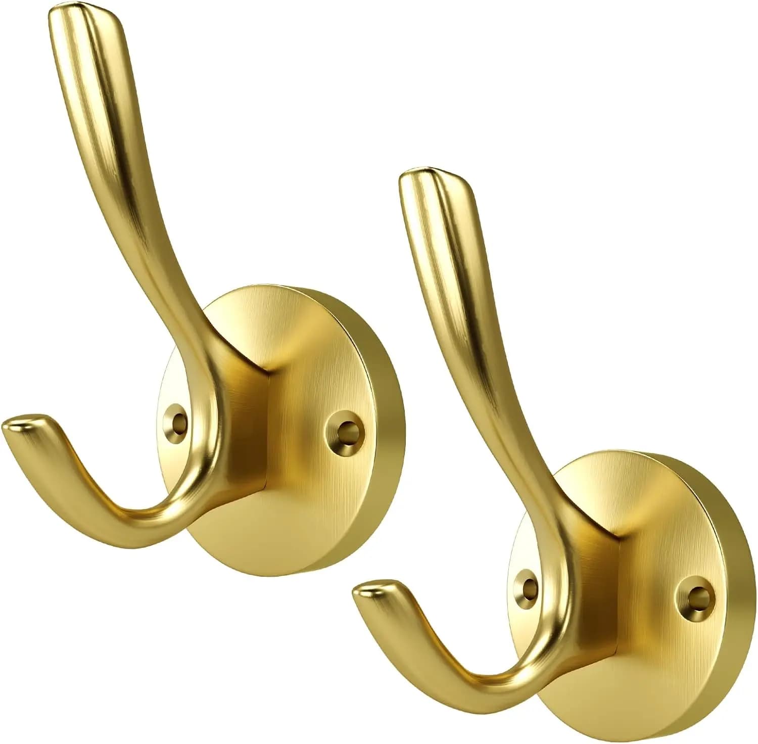 2 Pack Heavy Duty Brushed Gold Towel Hooks, Solid Brass Wall Hooks for Hanging Coats, Hats, Jackets & Keys