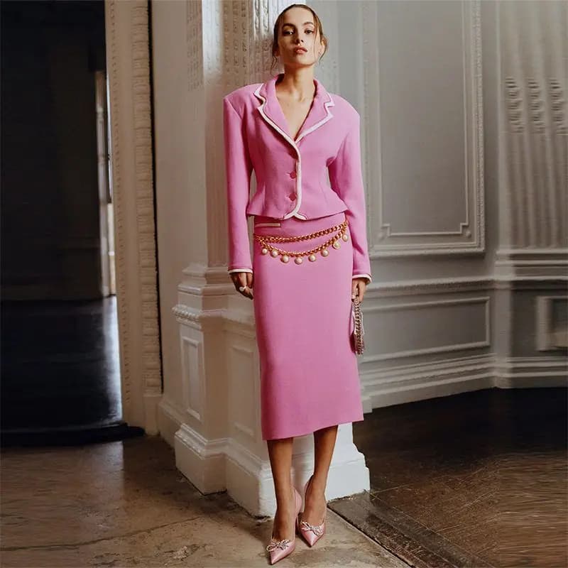 Fashionable 2025 White Edged Color Block Small Suit Jacket And Midi Skirt Set Two Piece Set Celebrity Endorsed Quality Wear