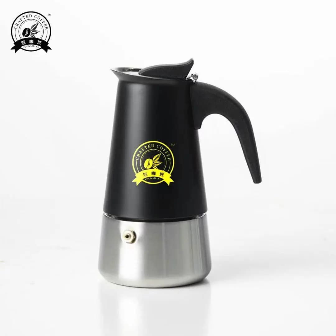 Pentola per moka in acciaio inossidabile 4/6, nero opaco, stile nordico. Uso domestico/ufficio/esterno. Funziona su induzione e gas