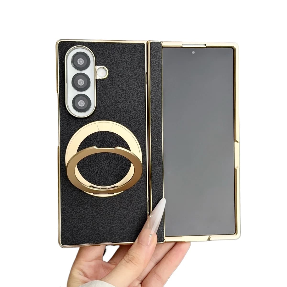 Magnetic Leather Phone Case For Samsung Galaxy Z Fold 7 8 Ultra With Electroplated 360 Rotating Bracket Hinge Protective Cover