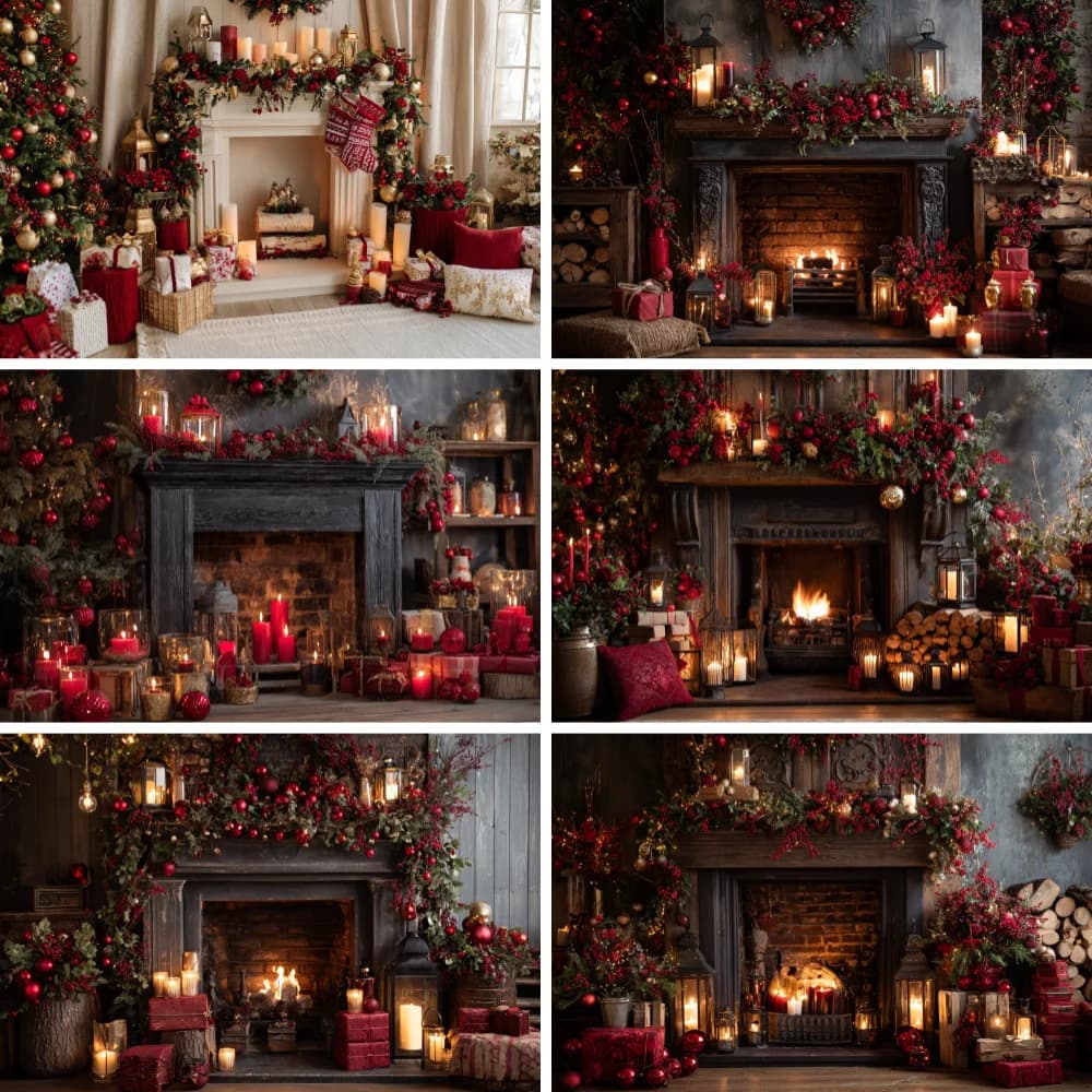 Sfondo natalizio Palline Ghirlanda Candela Camino in legno Sfondo fotografico Panno fotografico Decorazione per feste Personalizzato