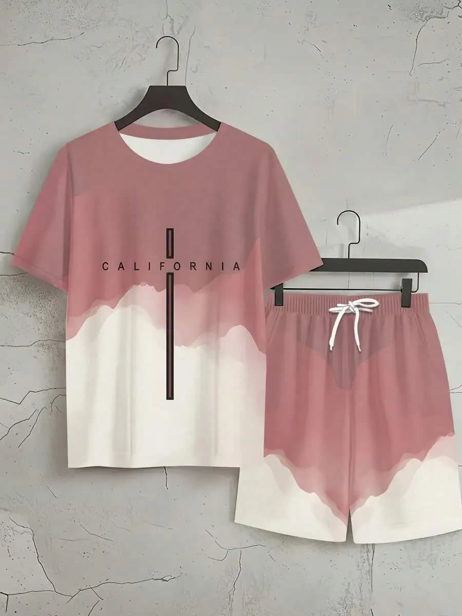 Men'S 3D Digital Printing Casual Short-Sleeve And Shorts Set - California Gradient Landscape Print Men'S Sports Suit, Featuring