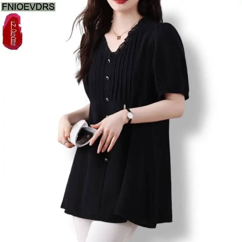 Vestiti larghi caldi 2024 donne moda europea elegante camicia nera Ruffles Casual tunica pancia peplo top e camicette