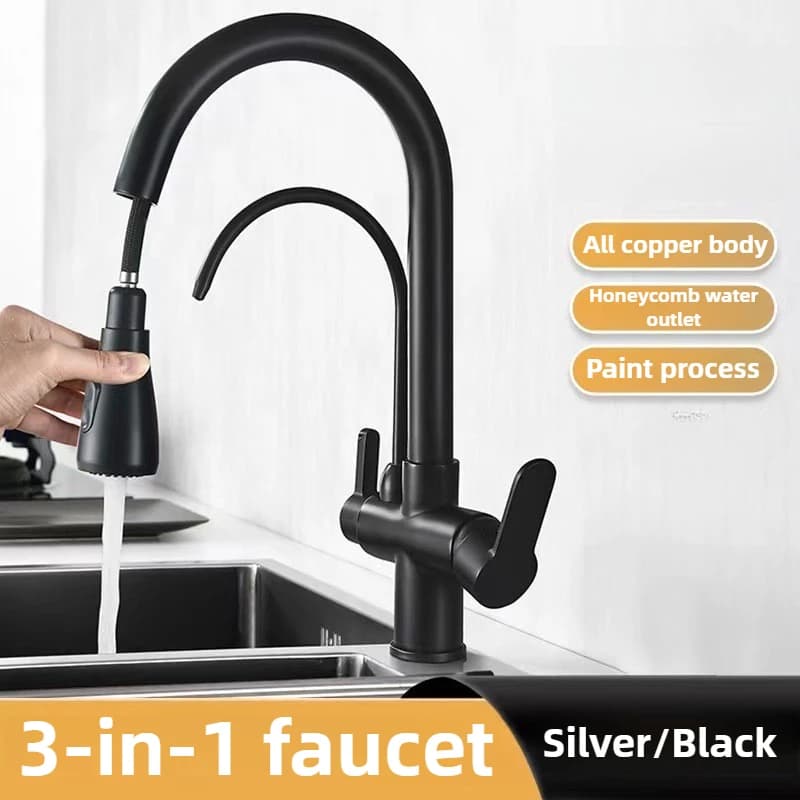 Rubinetto da cucina commerciale con spruzzatore estraibile a doppia funzione, rubinetto purificatore con filtro dell'acqua 3 in 1, rubinetto miscelatore con tubi flessibili