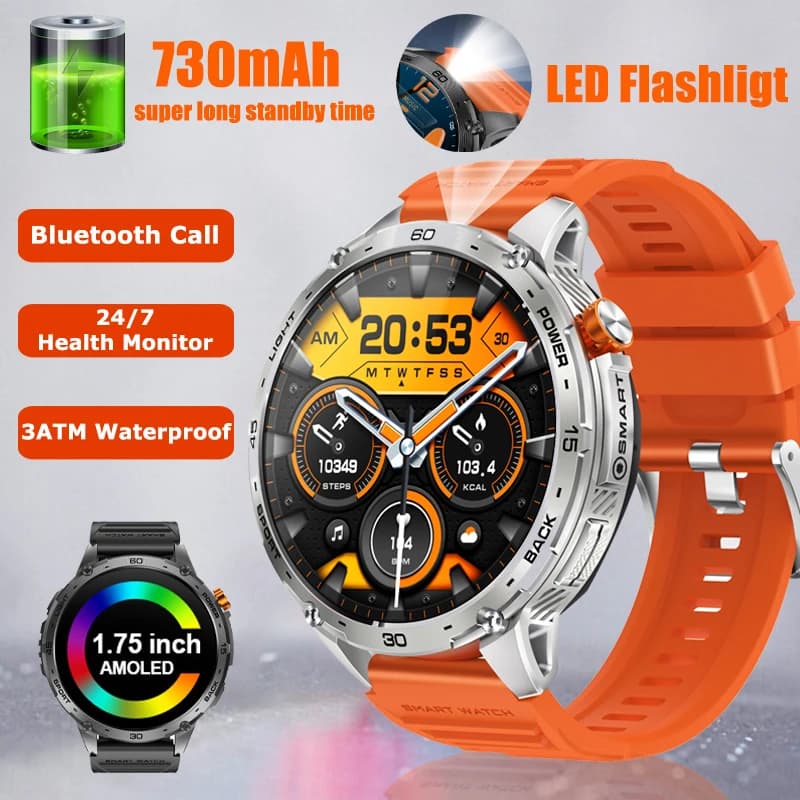 LIGE Nuovo 730mAh LED Torcia Elettrica Orologi Intelligenti Schermo AMOLED da 1.75 pollici Chiamata Bluetooth 3ATM Impermeabile Uomini Smartwatch Monitor di Salute