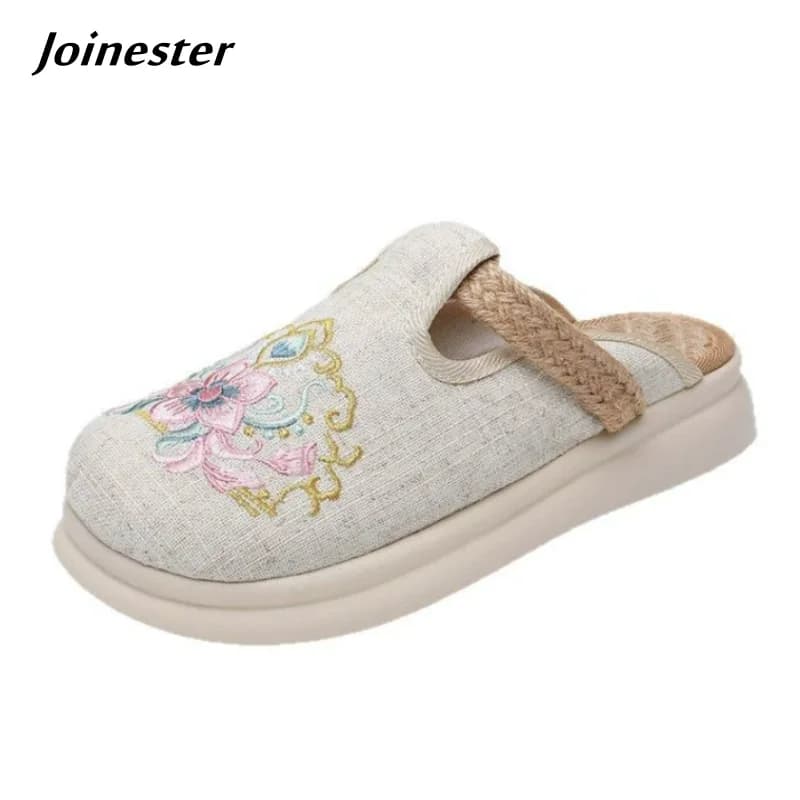 Women Wide Round Toe Embroidered Summer Slipper Breathable Retro Mules Outdoor Dance Dress Shoe Linen Hemp Leisure Footwear