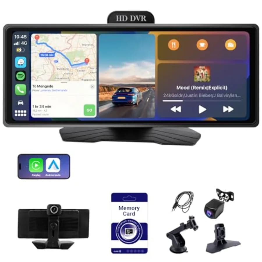 Car dashboard display for CarPlay Android Auto, ABS plastic, black, 10.26-inch wireless touchscreen with 1080P dash cam and bac