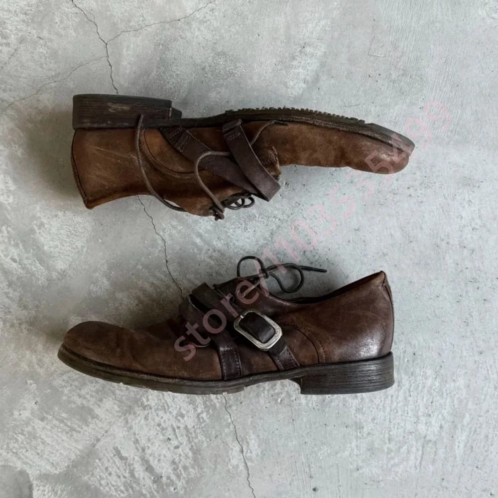 2026 Retro Distressed Brown Leather Oxford Shoes Men Metal Buckle Lace Up Low Heel Retro Casual Handmade Daily Dress Footwear
