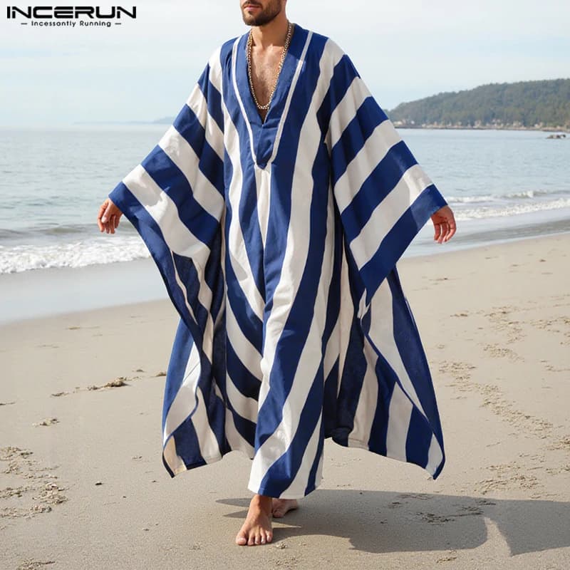 INCERUN Uomini Vestaglie A Righe Stile Lungo T Shirt Profondo Scollo A V Manica Lunga Casual Abbigliamento Uomo Streetwear Oversize Moda Maschile Vestaglie