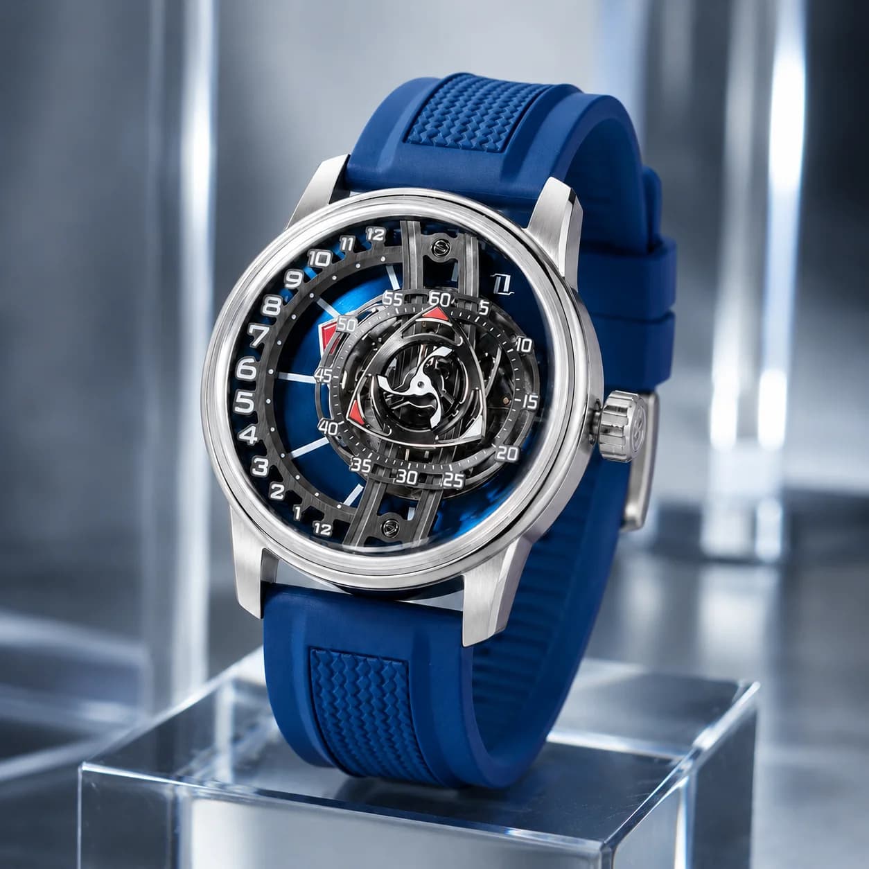 OBLVLO Men's Fashion Automatic Watch Special Rotor Blue Dial Super Luminous Waterproof Rubber Band Mechanical Watch JM-RT