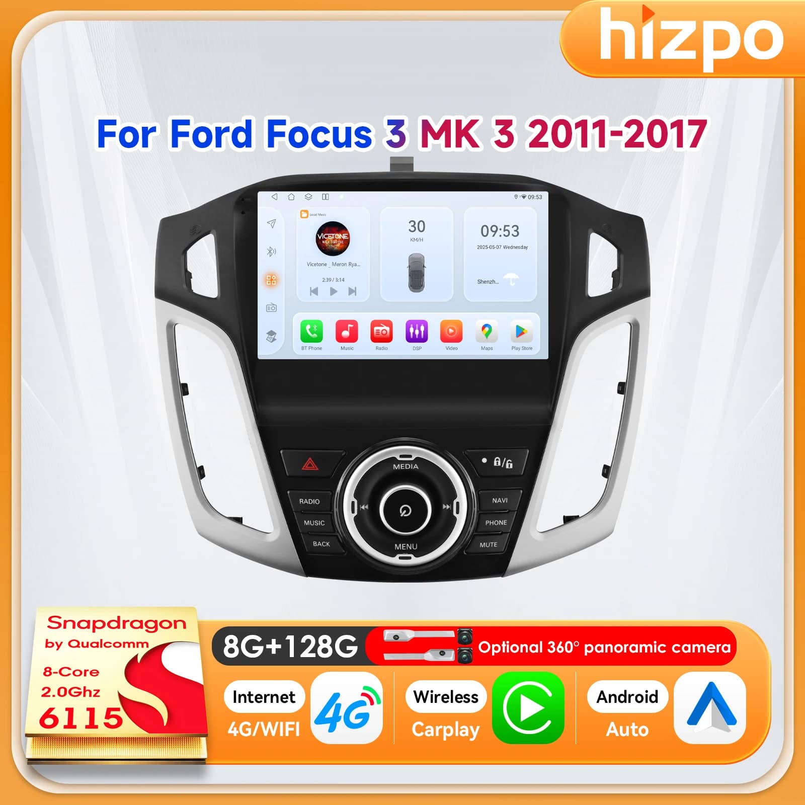 Hizpo 9" Head Unit Multimedia Player GPS Navigation For Ford Focus 3 MK3 2012-2018 Wireless CarPlay Android Auto 8-Core WIFI SWS