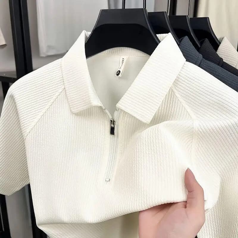 T-shirt Estiva Sottile da Uomo con Mezza Zip, Manica Corta, Traspirante, Stile Business Casual, Moda Giovanile, Marchio Cinese