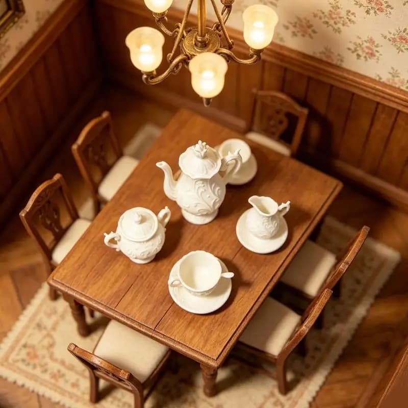 Handcrafted Miniature Dollhouse Teapot and Tea Cup Kit with Flower Relief Dish