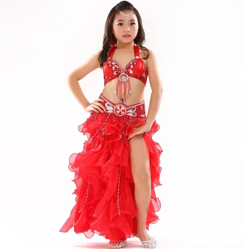 Children Belly Dancing Clothes 3-piece Dance Outfit Girls Belly Dance Costume Set Competition Suit Beads Bra Belt Skirt