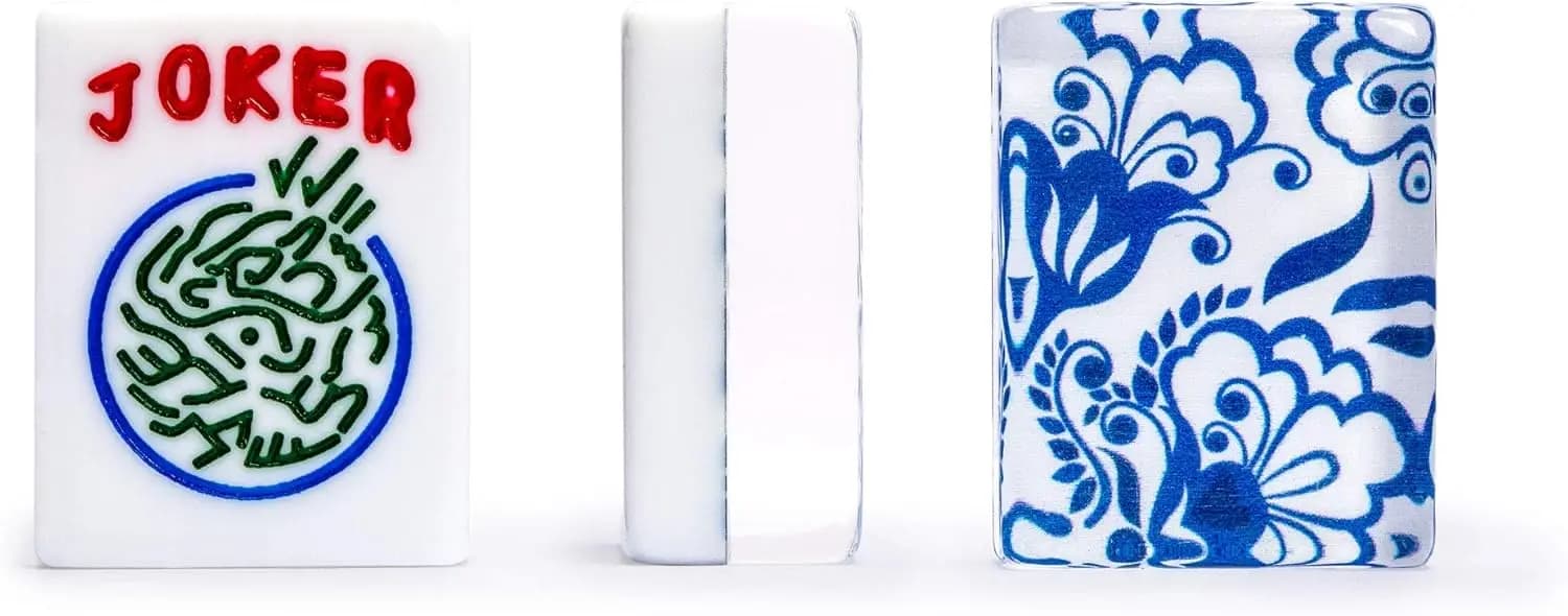 Set di 166 Tessere Mahjong Americane, Tessere in Acrilico Bianco con Motivi Floreali Blu, Design Cinese