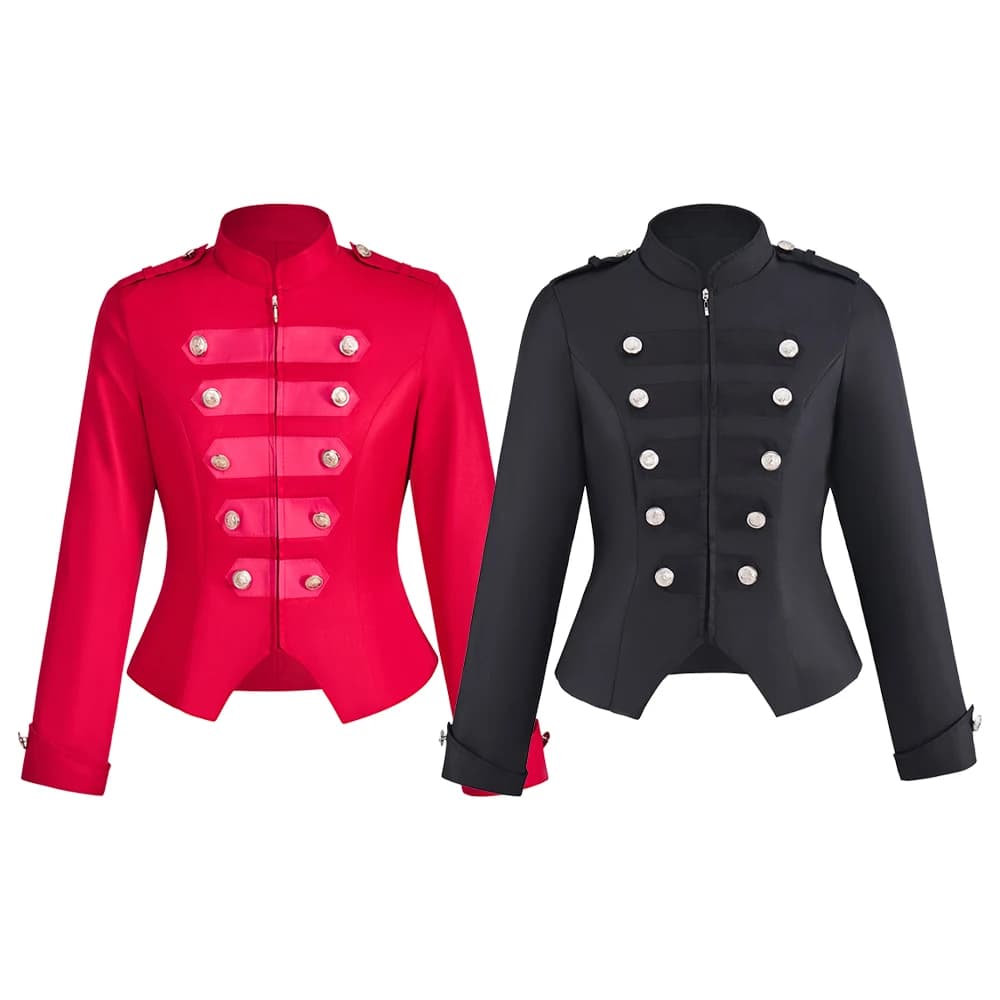 Giacca militare vittoriana gotica Steampunk rossa nera Colletto alla coreana da donna Rock Frock Coat Giacca Ringmaster Costumi di Halloween