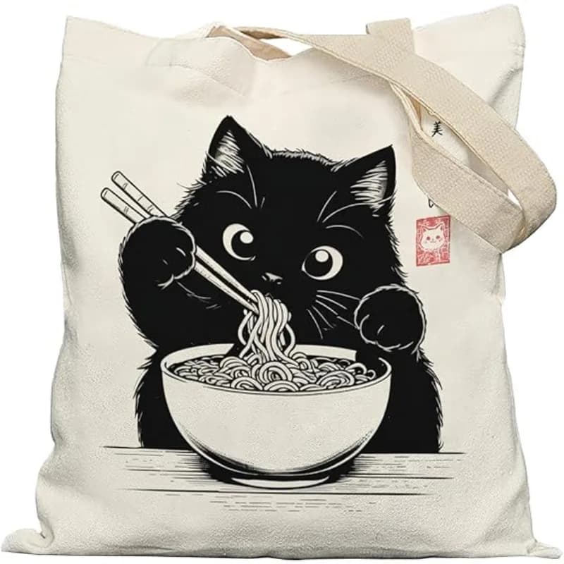 Borsa a tracolla gatto nero cartone animato Borsa a tracolla divertente gatto sushi con noodle Borsa per la spesa quotidiana da donna Borsa tote pieghevole portatile