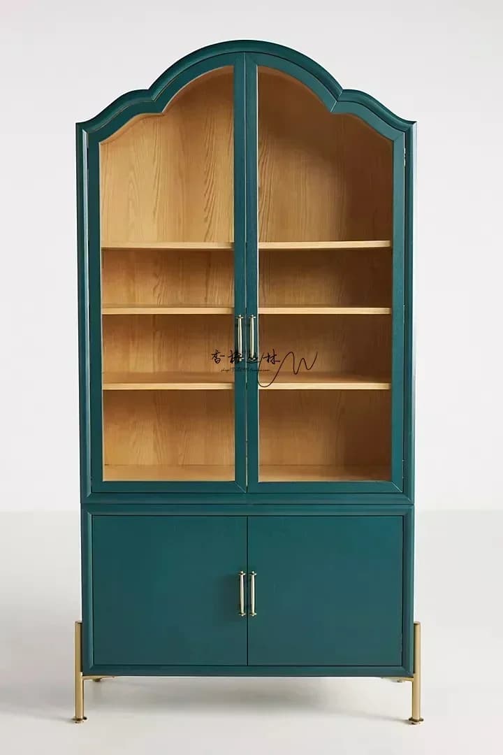 Libreria Americana in Legno Massello con Doppia Anta in Vetro, Credenza di Lusso per Soggiorno, Mobile Porta Vini, Armadio per Corridoio