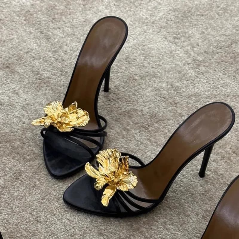 2025 New Arrival Summer Slippers, Beautiful French fashionable sandals with metal flowers, black sandals with high stiletto heel