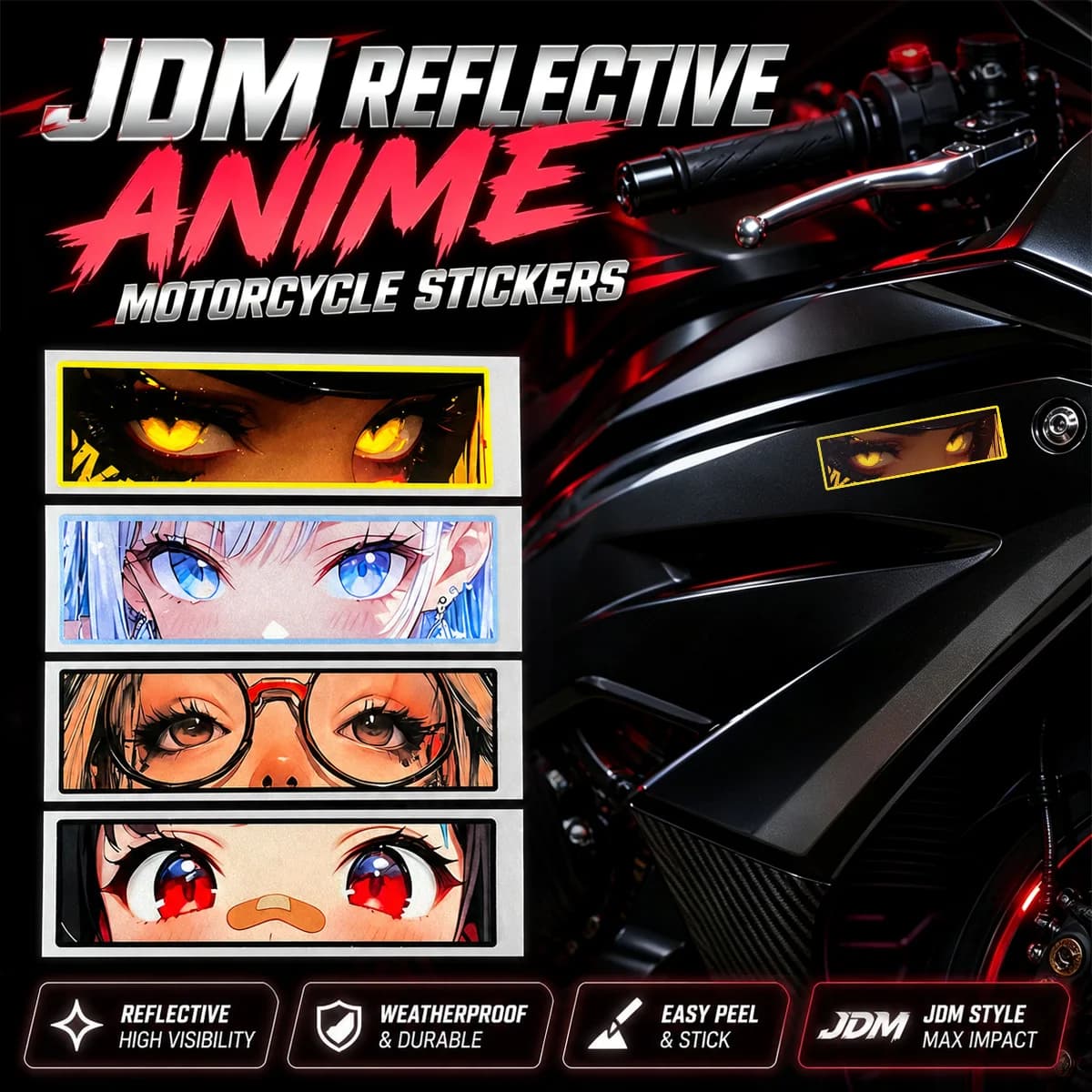 JDM Anime Girl Eyes Gaze Reflective Motorcycle Sticker Moto Bike Scooter Body Fuel Tank Helmet Fairing Vinyl Accessories Decals