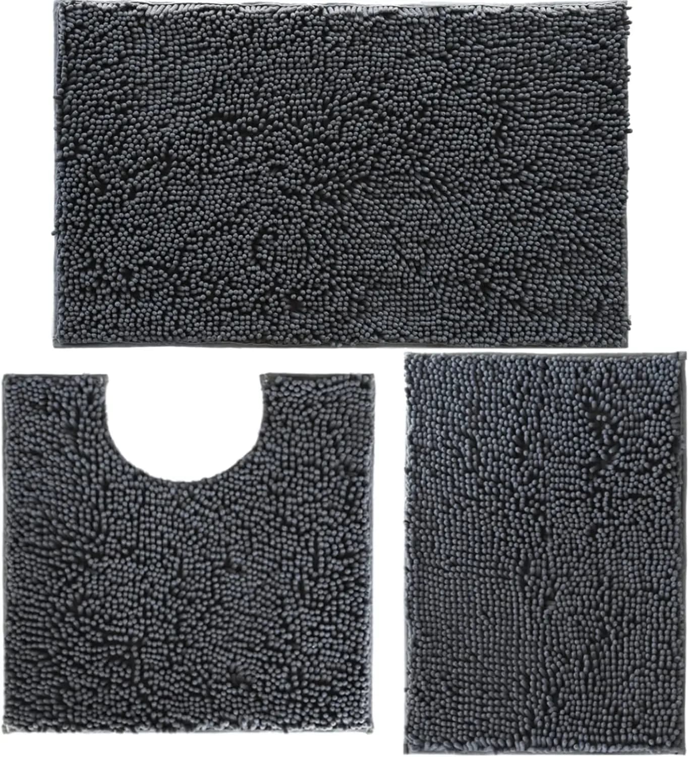 Set di 3 Tappetini da Bagno Antiscivolo, Lavabili in Ciniglia con Base in PVC per Bagno, Camera da Letto, Cucina