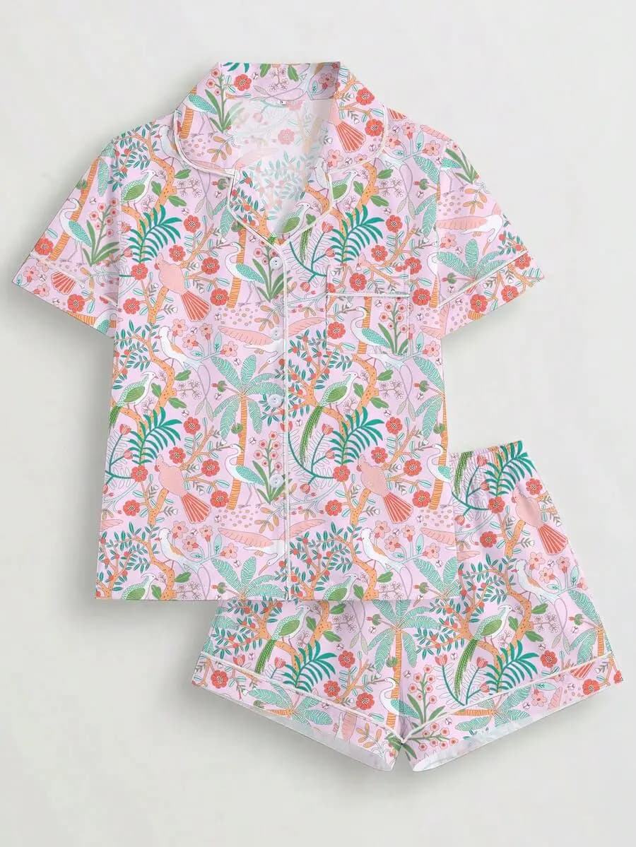 Women Floral Bird Print Pajama Set Short Sleeve Lapel Shirt Loose Elastic Waist Shorts Comfortable Sleepwear
