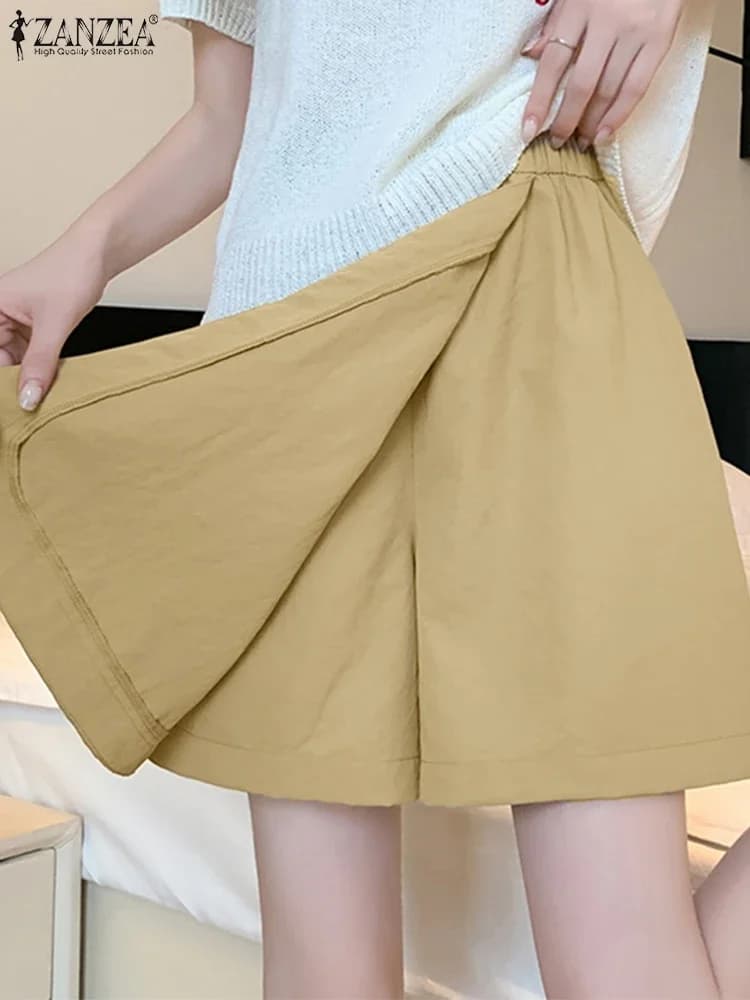 ZANZEA Summer Large Leg Shorts 2025 Women's Pants Elastic Waist Pants Fashion Pockets Casual Shorts Solid Color Gonne Oversize