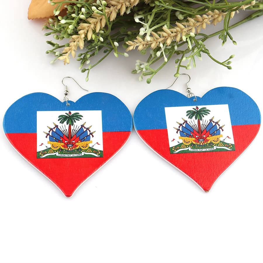 Stampa di orecchini in legno con cuore bandiera Haiti da 6cm