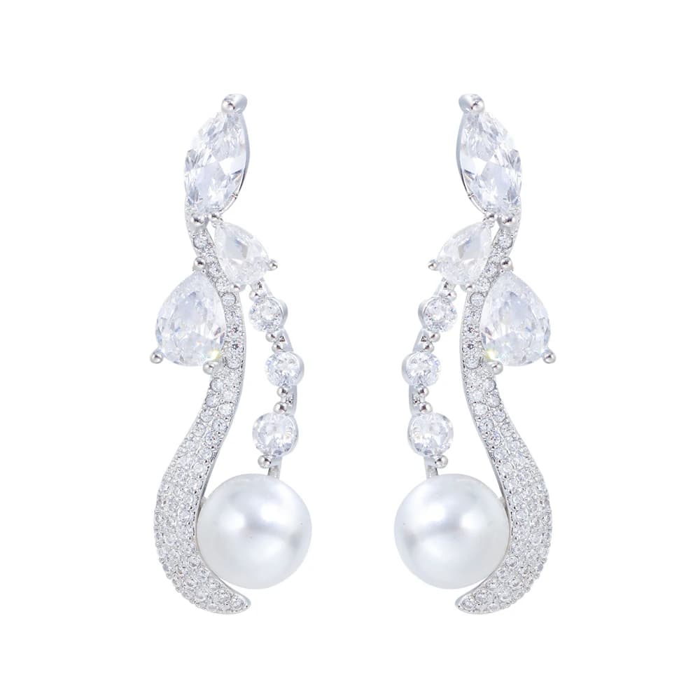 ThreeGraces Orecchini pendenti eleganti con zirconi lucidi, grandi perle simulate, per matrimonio, festa serale, gioielli per donna E2102