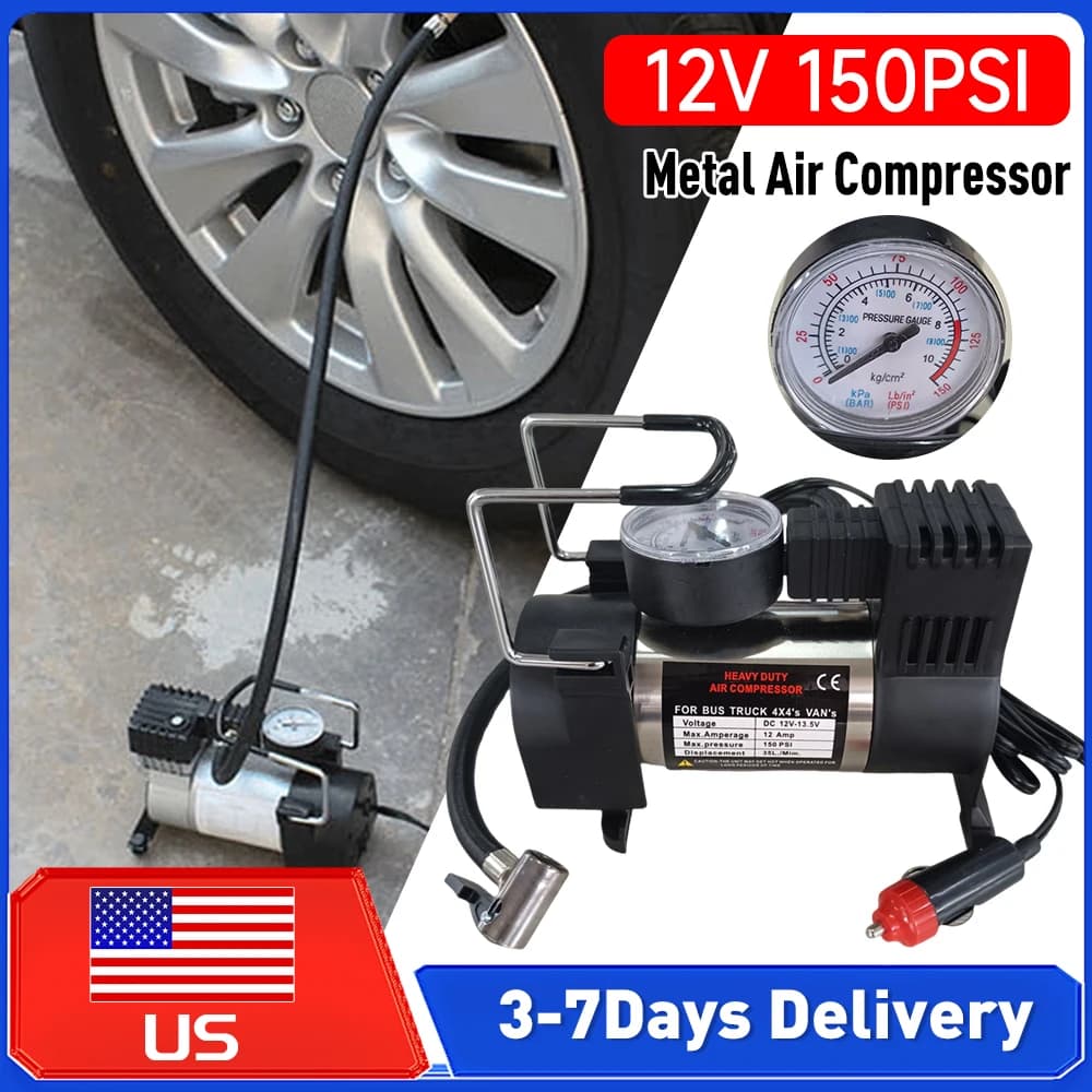 Compressore d'aria elettrico 12V per auto, pompa gonfiagomme 150PSI con manometro per auto e moto, pompa in metallo resistente