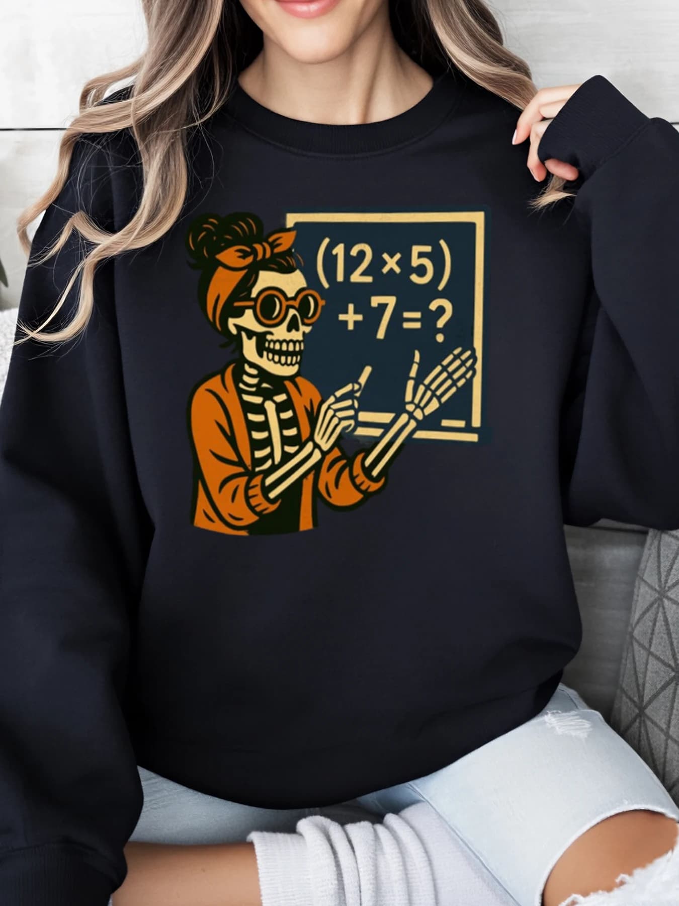 Skeleton Teacher Problem of Mathematics Halloween Sweatshirt Women Casual Clothing Party Costume Black Plus Sizes