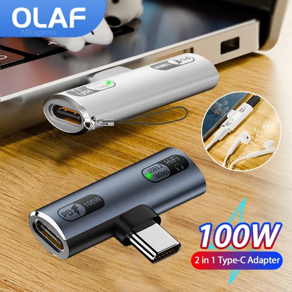 OLAF 2-IN-1 Adapter Type C to Dual Type-C Female OTG PD 100W Fast Charging USBC DAC Audio Adapter 10Gbps Data Transfer Converter